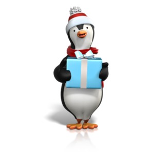 An image of a penguin holding a gift.