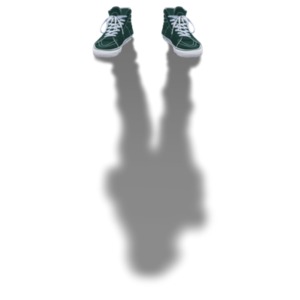 An image of an empty pair of shoes with a shadow below of a person.