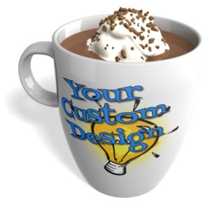 Put your custom design on this mug of hot chocolate topped with whipped cream and chocolate sprinkles.