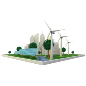 This clip art image shows a city on square with renewable hydro, wind, solar energy sources surrounding it.