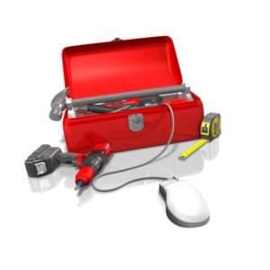 An image of a toolbox with a mouse coming out giving an abstract view of &quot;Online Tools.&quot;