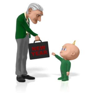 Old Man Time hands off his briefcase of work to the New Year Baby.