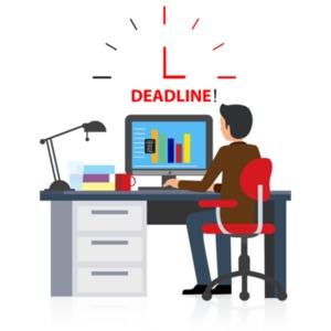 An image of a guy sitting at a desk under the clock with a deadline.