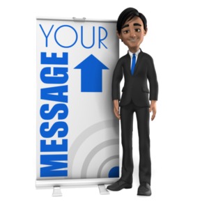 This custom clip art image shows businessman Brad standing next to open a roller banner. &lt;br&gt;&lt;br&gt;This clip art design element could be used in a presentation design to advertise an upcoming event or new product launch.&lt;br&gt;&lt;br&gt;  You can customize this image by adding your own text and images using our online customizer. 