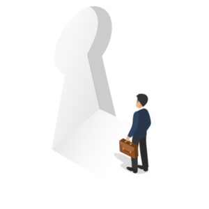An image of a businessman standing in front of a keyhole.