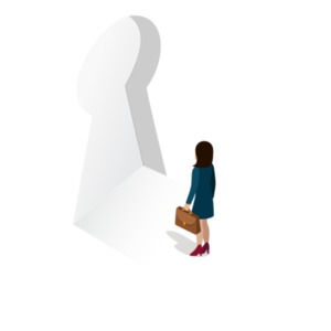 An image of a businesswoman standing in front of a keyhole.