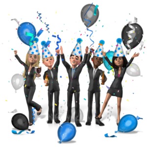 An image of a group of business people raising their arms in a party celebration atmosphere.