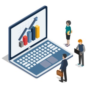 An image of an orthographic laptop and people in a business-like setup.