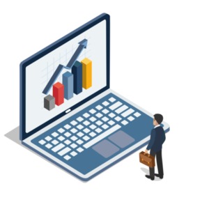 An image of a businessman standing in front of an oversized laptop with graphs.