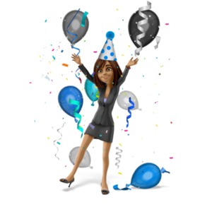 An image of Talia raising their arms with a party celebration backdrop.