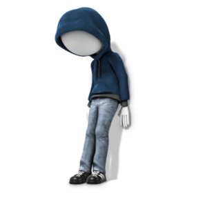 This clip art image shows a youth looking figure leaning against a wall looking down.  