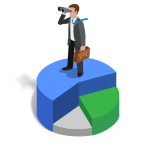 An image of a businessman standing on top of a 3D pie chart with binoculars.