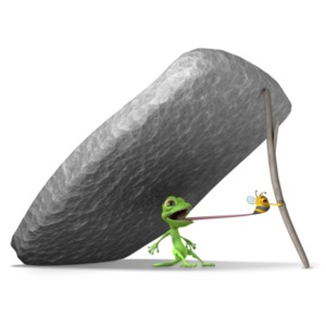 This clip art image shows a gecko trying to eat a bug, unknowing that the branch the bug his holding onto is about to break releasing the rock its holding up down onto the gecko.