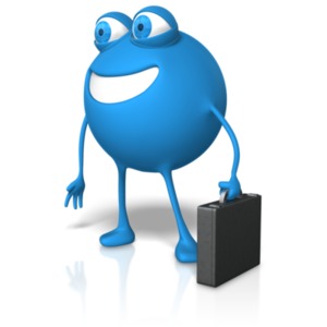This clip art image shows roundy the round character holding a briefcase happily gazing out at something.  This Presentation clipart could be added to a presentation to illustrate positive message of opportunity for a worker or employee,