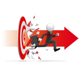 An image of business figure - arrow breaking through a target.