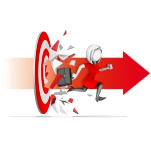 An image of businesswoman figure - arrow breaking through a target.