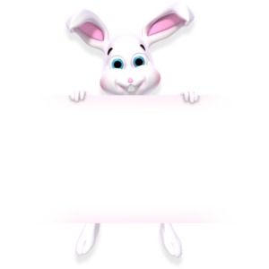This clip art image shows a bunny holding onto a sign with feet dangling below.