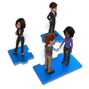 Four business people on puzzle pieces, but only two come together to cooperate