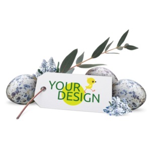 Get your Easter vibes on!  This holiday graphics shows colorful spotted eggs and greenery surrounding a customizable sign tag.