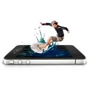 An image of a surfer surfing on the top of a cell phone. This could signify that he is surfing the web.