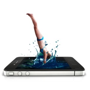An image of a swimmer diving into a cell phone. This could represent diving into technology or getting lost in the web.
