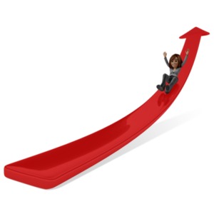 A business woman has fun as she slides to a arrow showing profit.