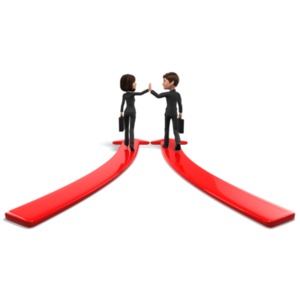 Two business people walking along arrows meet together and high-five each other. This clip-art can represent to goals coming together for the same purpose.