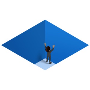 An image of a businessman in a isometric graphic trapped in a box or pit.