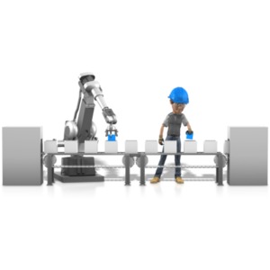 This clip art image shows a robot and a human in a factory working side by side.