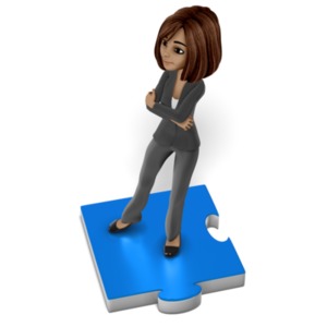 A business woman stands on a puzzle piece with her arms crossed.