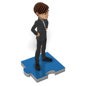 A businessman stands on a puzzle piece with his hands on his hips.