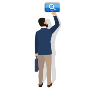 An image of a businessman pushing a search button above him.