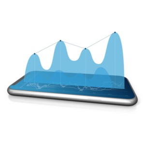 This clip art image shows a phone with graph on it and a wave group coming out of it.