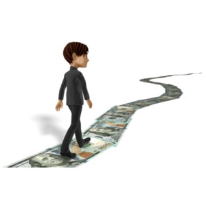 A businessman walks along a path made out of 100 dollar bills.