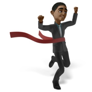 An image of Ethan raising his arms in victory with a race ribbon across his waist.