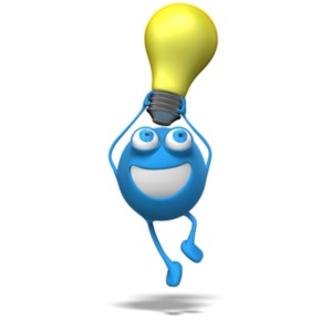 This clip art image shows Roundy the round character jumping up with a light bulb over head.