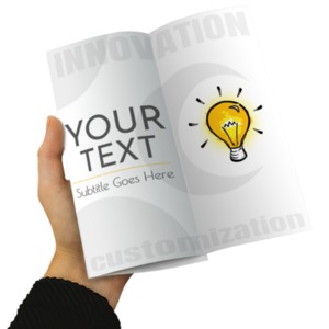 This custom design photo element shows a hand holding a customizable brochure.  You can customize the two pages by adding your own text and images using our online customizer. &lt;br&gt;&lt;br&gt; This custom photo could be added to a presentation slide in PowerPoint or another presentation software like Google Slides.  