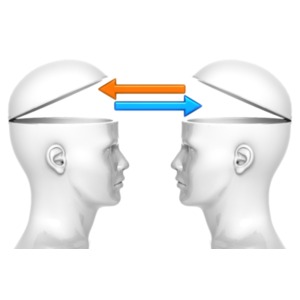 Two heads with the tops open exchange ideas via colored arrows. This clip-art can represent two people exchanging ideas.