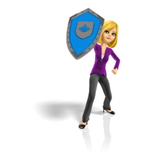 A business woman has her shield raised to block something.