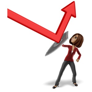 A business woman with a shield deflects a graph arrow.