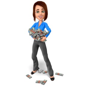 A happy business woman holds a pile of money.