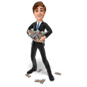 A happy businessman holds a pile of money.