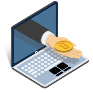 An image of a hand presenting cryptocurrency in a large coin form.