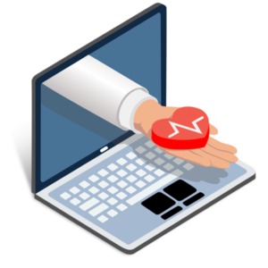 An image of a hand presenting a heart with a heartbeat graph coming out from a computer.