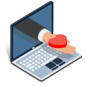 An image of a hand presenting a heart coming out from a computer.