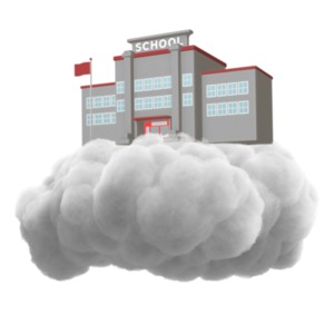 This clipart image shows a school building sitting in the clouds.  Use this in a presentation to show visually accompany a message about higher learning or online learning.