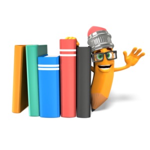 An image of a Scribbles waving next to a set of books.