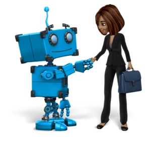 An image of Talia doing business and shaking hands with a robot.
