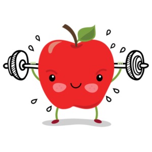 An image of an apple character &quot;Sam&quot; working out with a barbell and weights.