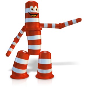 A clip art of a figure made out of construction barrels gesturing to the side.